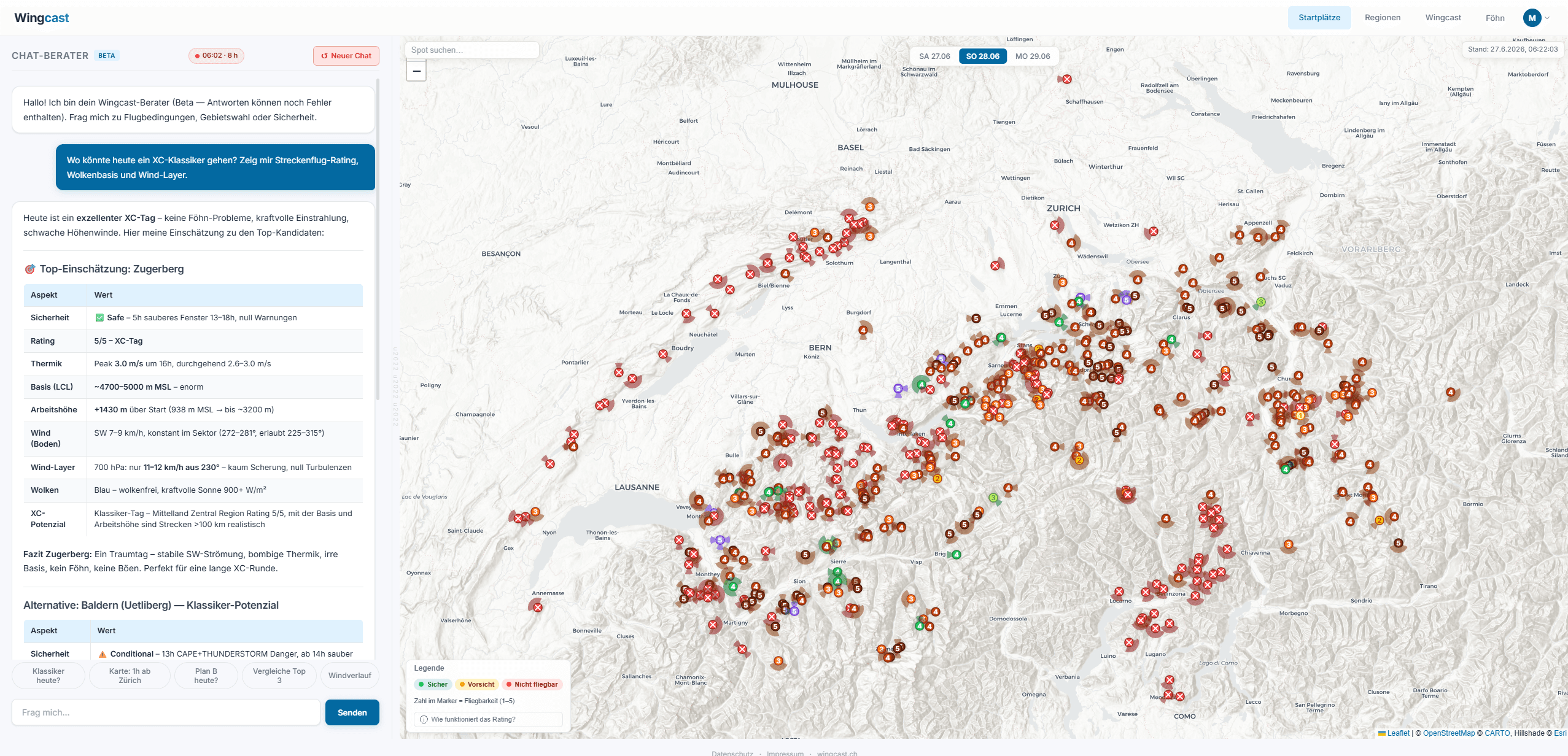 Dashboard dell'app Wingcast: consulente chat a sinistra, mappa con tutti i 488 siti di decollo svizzeri a destra, colorati secondo la valutazione